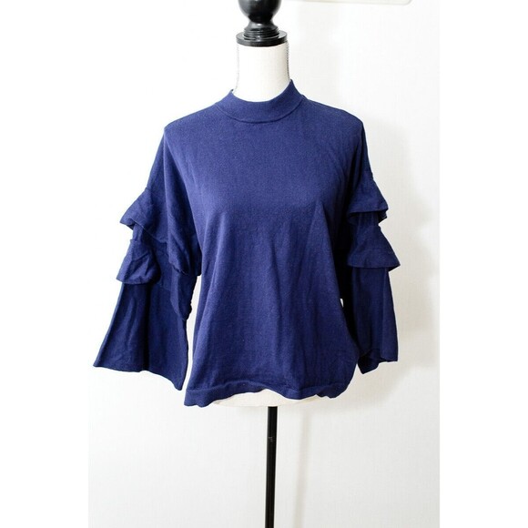 Two Bees Cashmere Cotton Blend Ruffle Bell Sleeve Blue Sweater L whimsy cottage - Picture 1 of 5